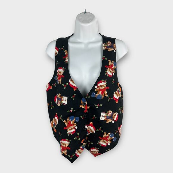 All Over Print Black Christmas Teddy Santa Bear Patterned Holidays Vest Medium - Picture 1 of 5